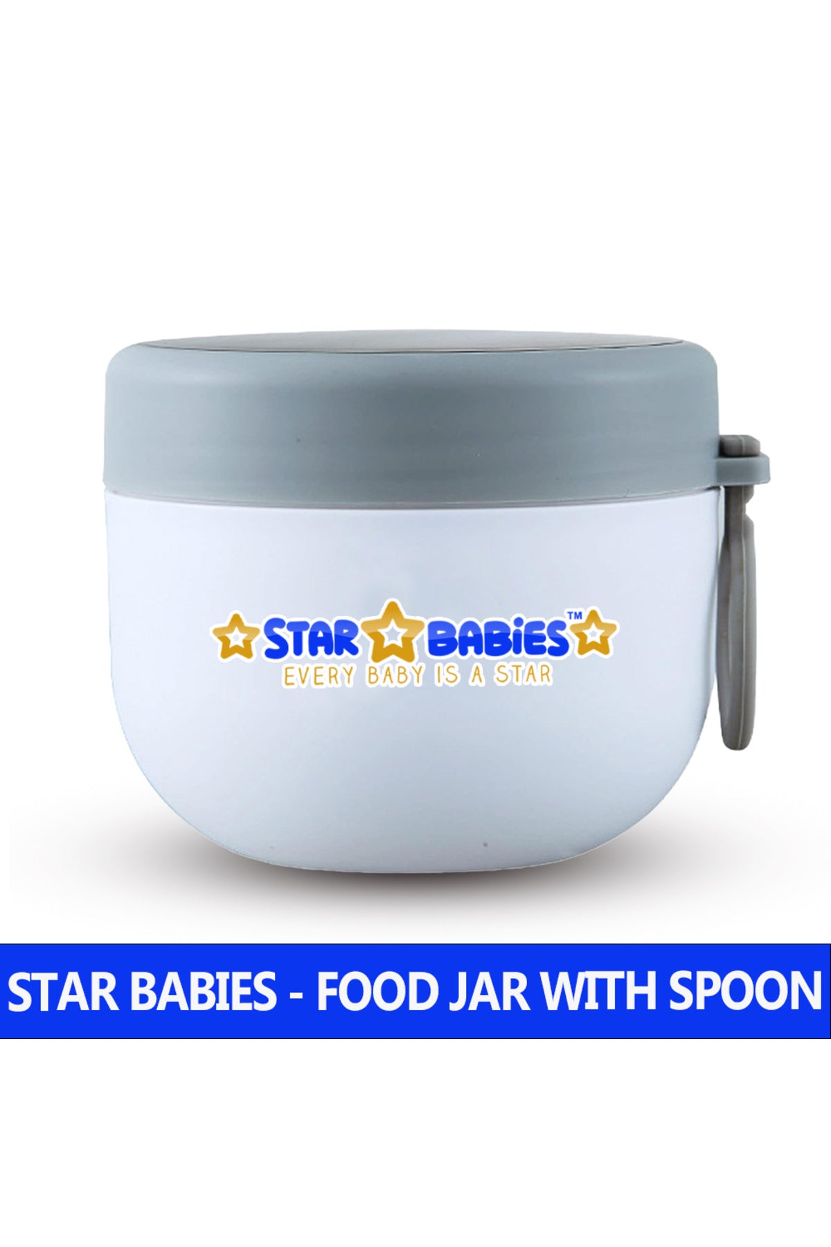 Star Babies Stainless Steel Food Jar 600ml Portable Microwave Safe Breakfast Cup with Spoon & Leak Proof Lid - White