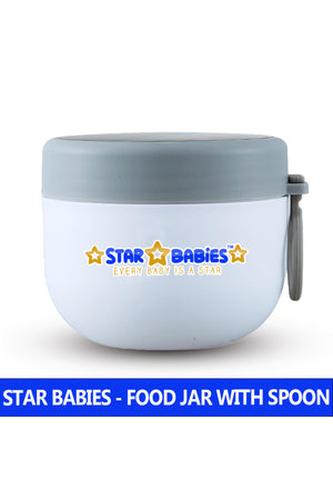 Star Babies Stainless Steel Food Jar 600ml Portable Microwave Safe Breakfast Cup with Spoon & Leak Proof Lid - White