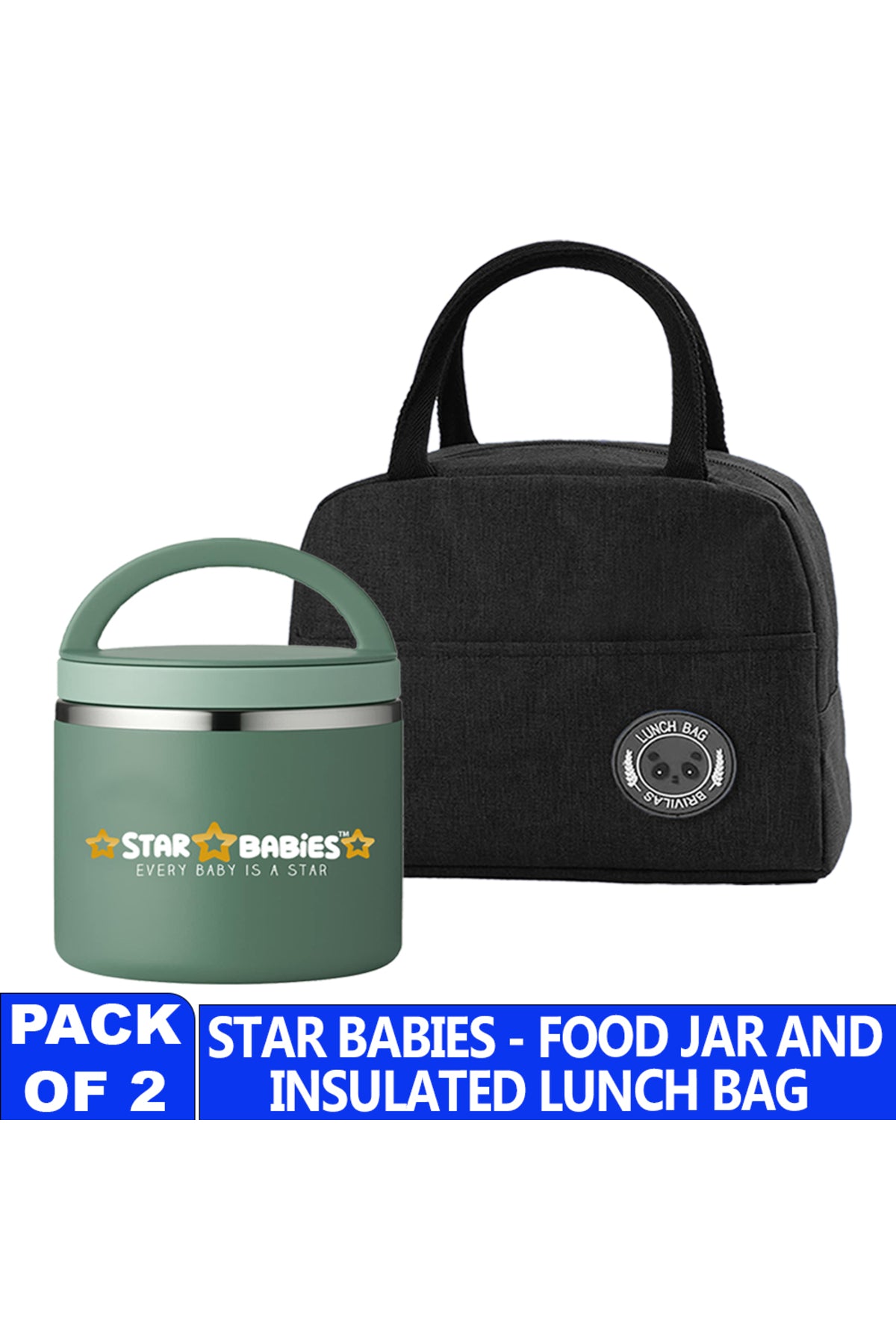 Star Babies Insulated Mini Lunch Bag with Stainless Steel Food Jar- Green