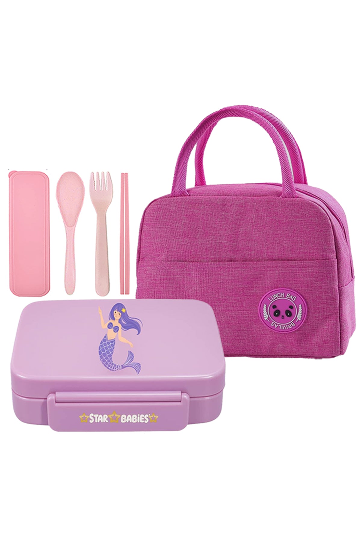 Star Babies Insulated Mini Lunch Bag with 5 Compartment Lunch Box and Fork-Spoon Set- Purple