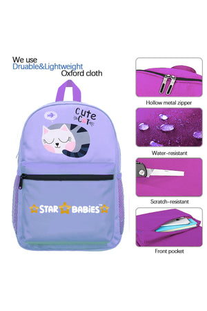 Star Babies Cute Cat theme Black 16-Inch Children's Backpack Adjustable Shoulder Strap- Purple With food jar, Pink 500ml
