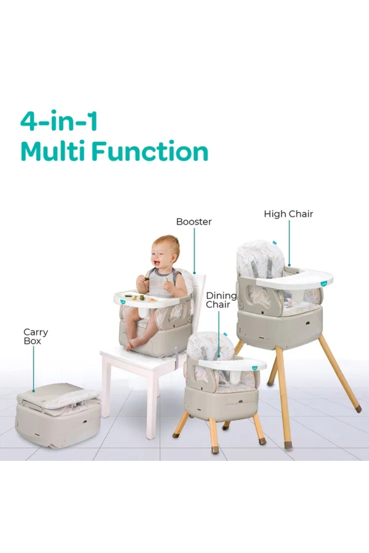 MOON HiteRite 4-in-1 Convertible -Baby Highchair-Booster-Dining Chair-Carry Box-Beige