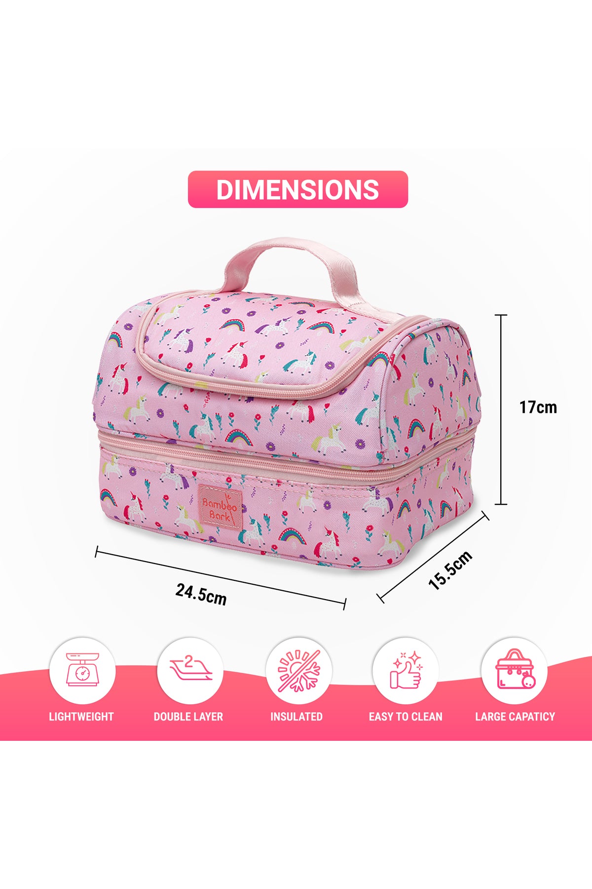 Bamboo Bark kids childrens double layer insulated lunch bag for school, picnic, nursery, toddler