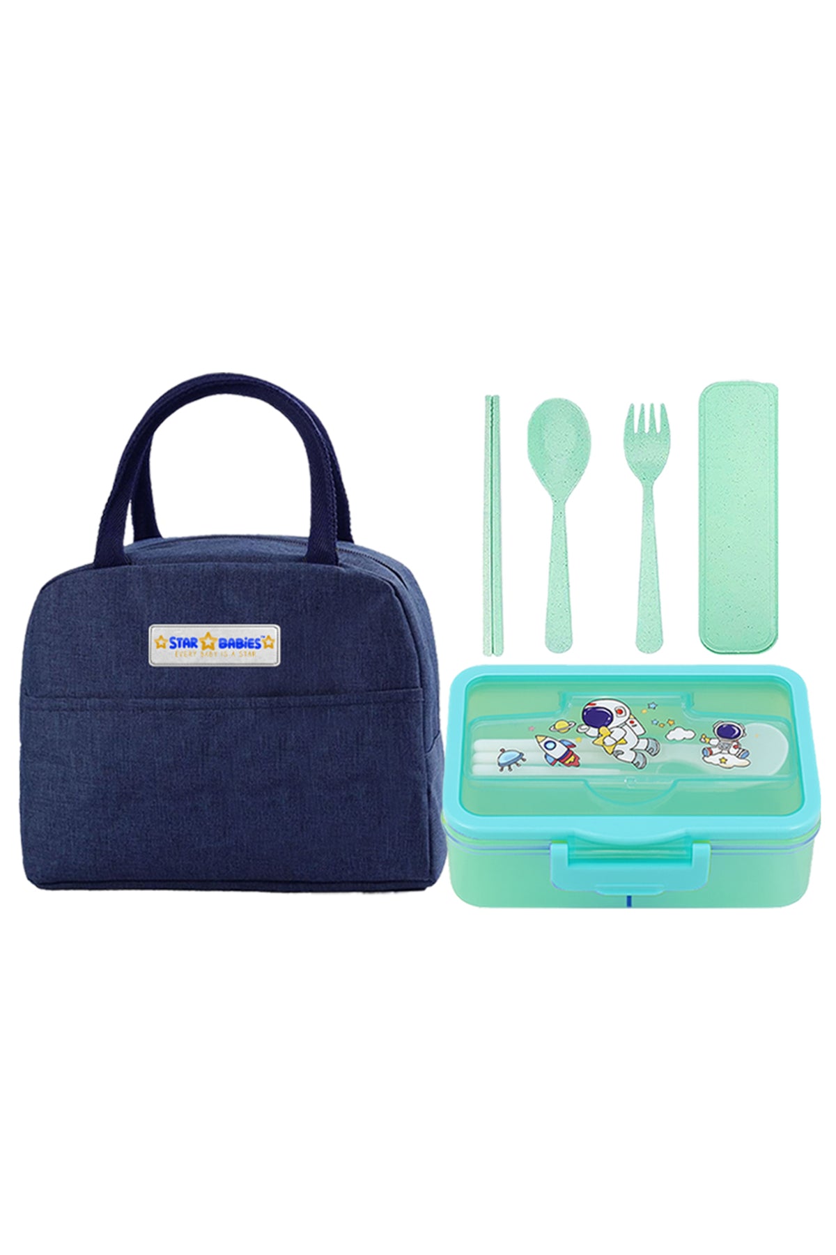 Star babies pack of 3 combo - Insulated lunch bag and 4 compartment lunch box with organic cuttlery set.