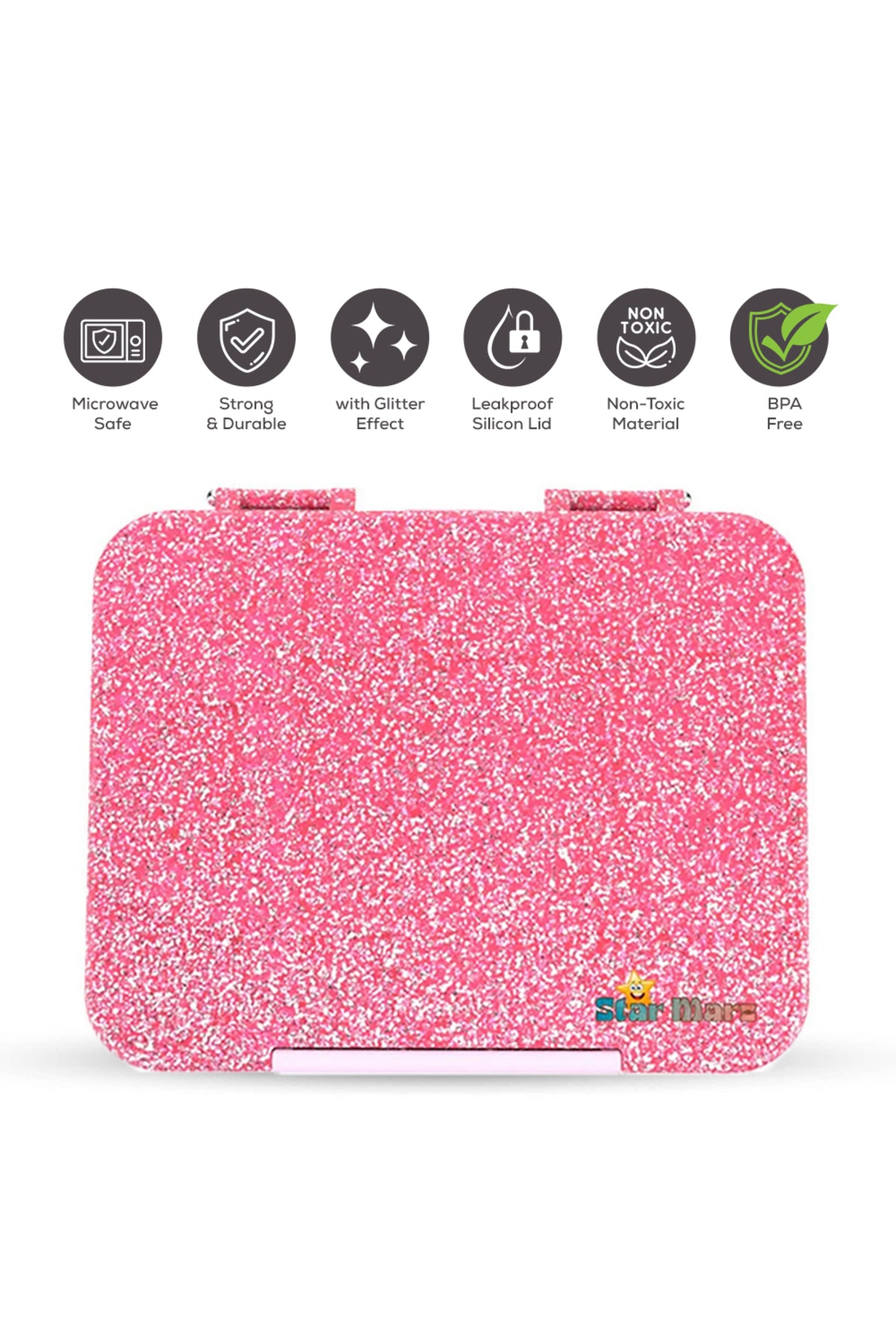 StarMarz Bento Glitter Lunch Box For Kids – Little Princes Edition | 4–6 Compartments, Sandwich Cutters, Fruit Pickers, 1195Ml, Detachable Tray-Pink