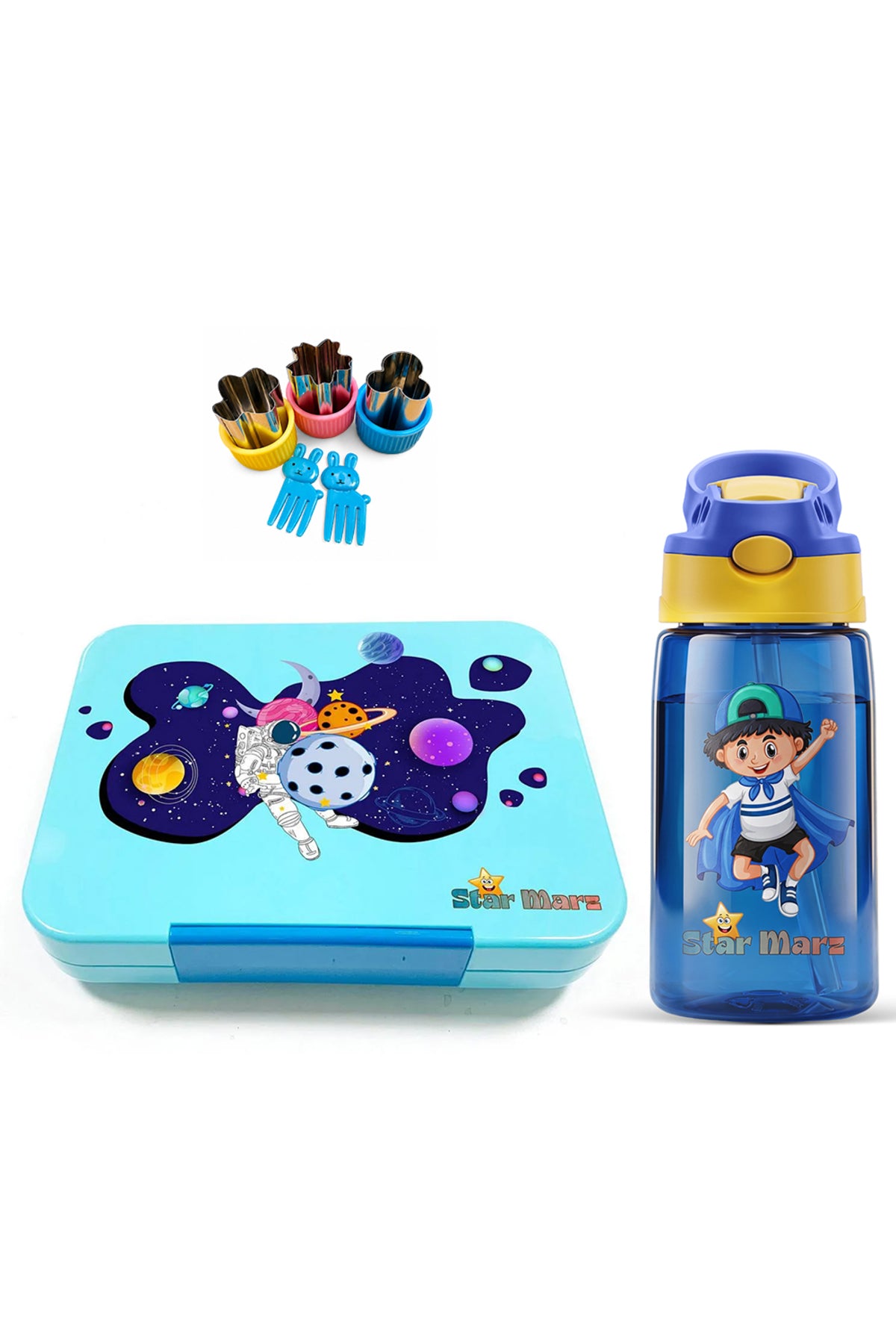 StarMarz - Blue Space Bento Glitter Lunch Box with Plastic Water Bottle Super Boy (480ml) - Blue