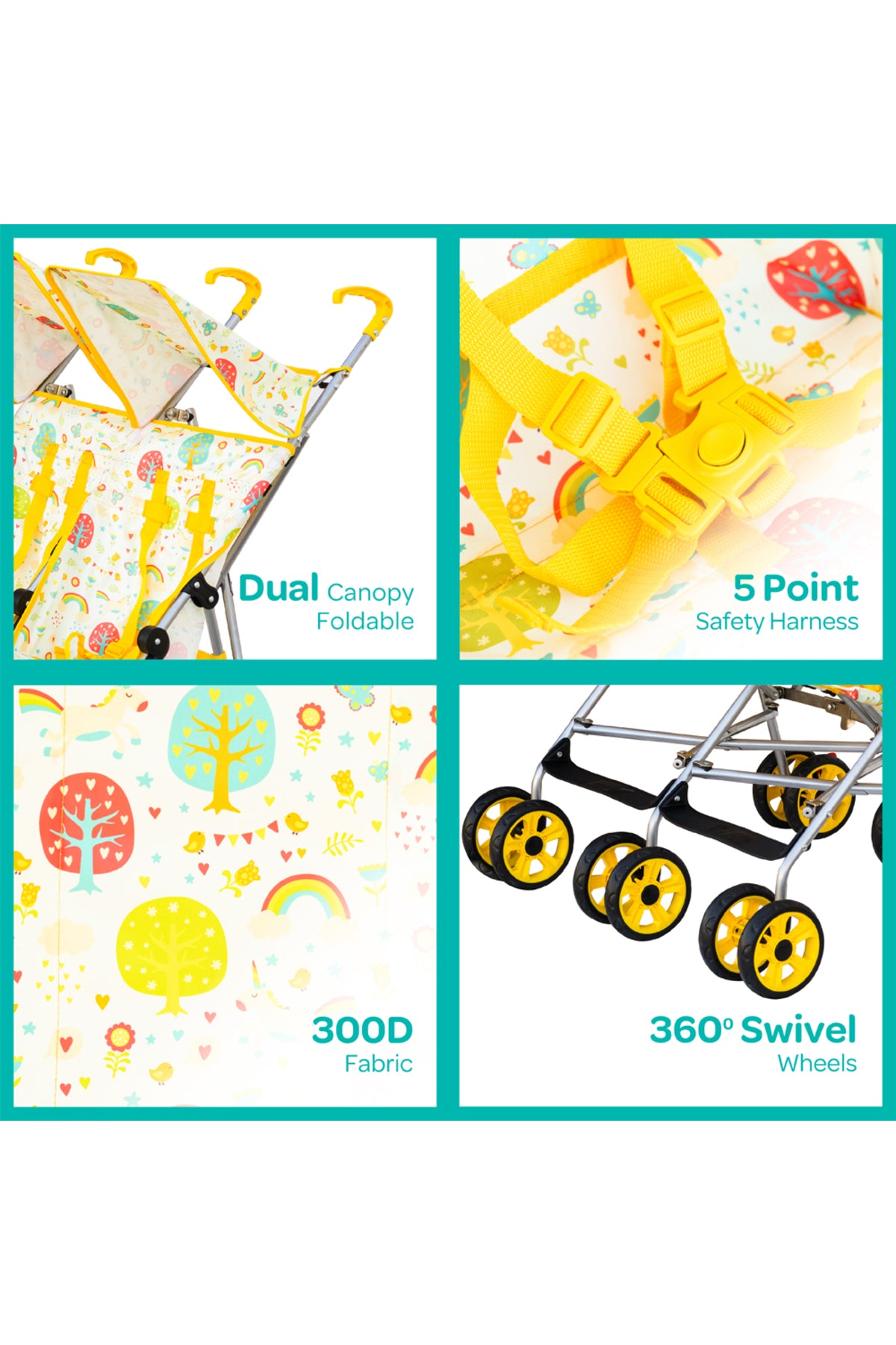MOON Jet Plus Twin Buggy Lightweight Travel strollers -Umbrella Fold- up to 30Kg,6m+ - Yellow