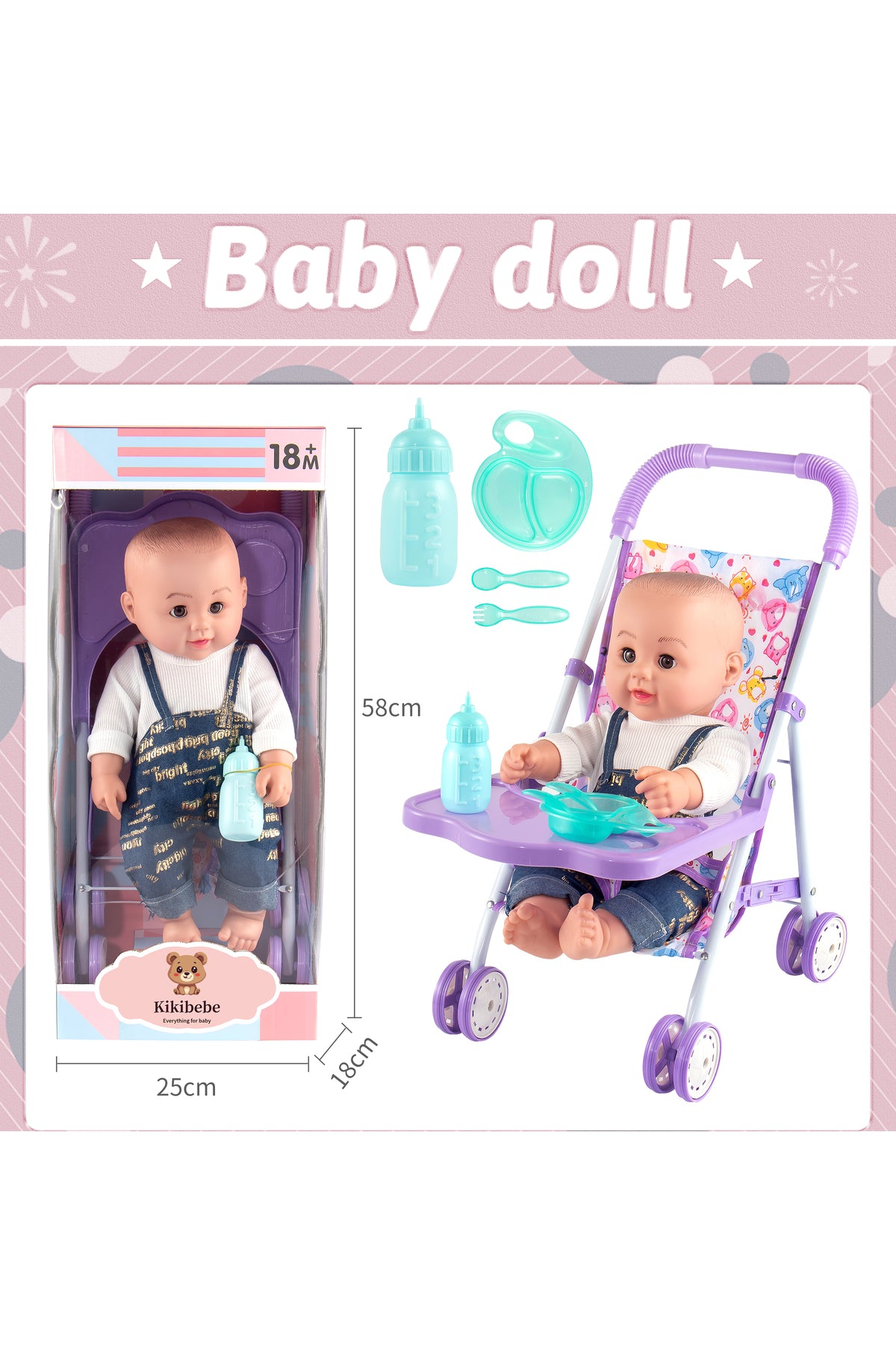 Kikibebe 18-Inch Fat Boy Doll With Stroller, Bottle & Dinner Plate – Boys – Multicolor