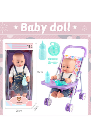 Kikibebe 18-Inch Fat Boy Doll With Stroller, Bottle & Dinner Plate – Boys – Multicolor
