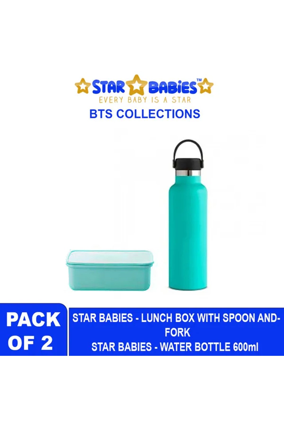 Star Babies - Eco Friendly Lunch Box With fork & Spoon BPA Free, Stainless Steel Water Bottle 600ml - Green