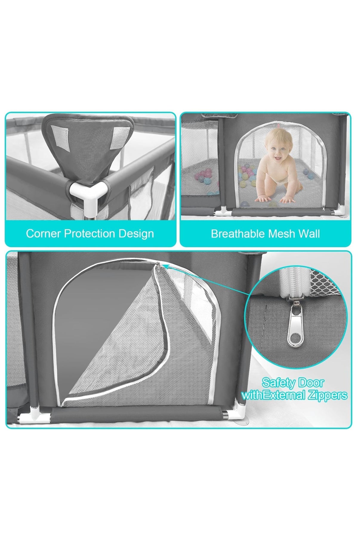 Star Babies - Baby Playpen With 4 Pull-Up Rings - Dark Grey - 200 x 200 cm
