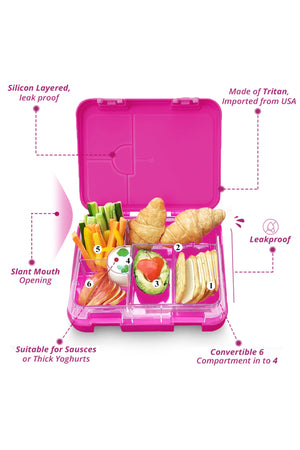 Cocobee-Bento Lunch Box, Bpa Free, Microwave Safe Removable Tray, 6 Adjustable Compartments, Leakproof, Lightweight, 22X15.5X5Cm, 1L, 3 Years+ - Dark Pink