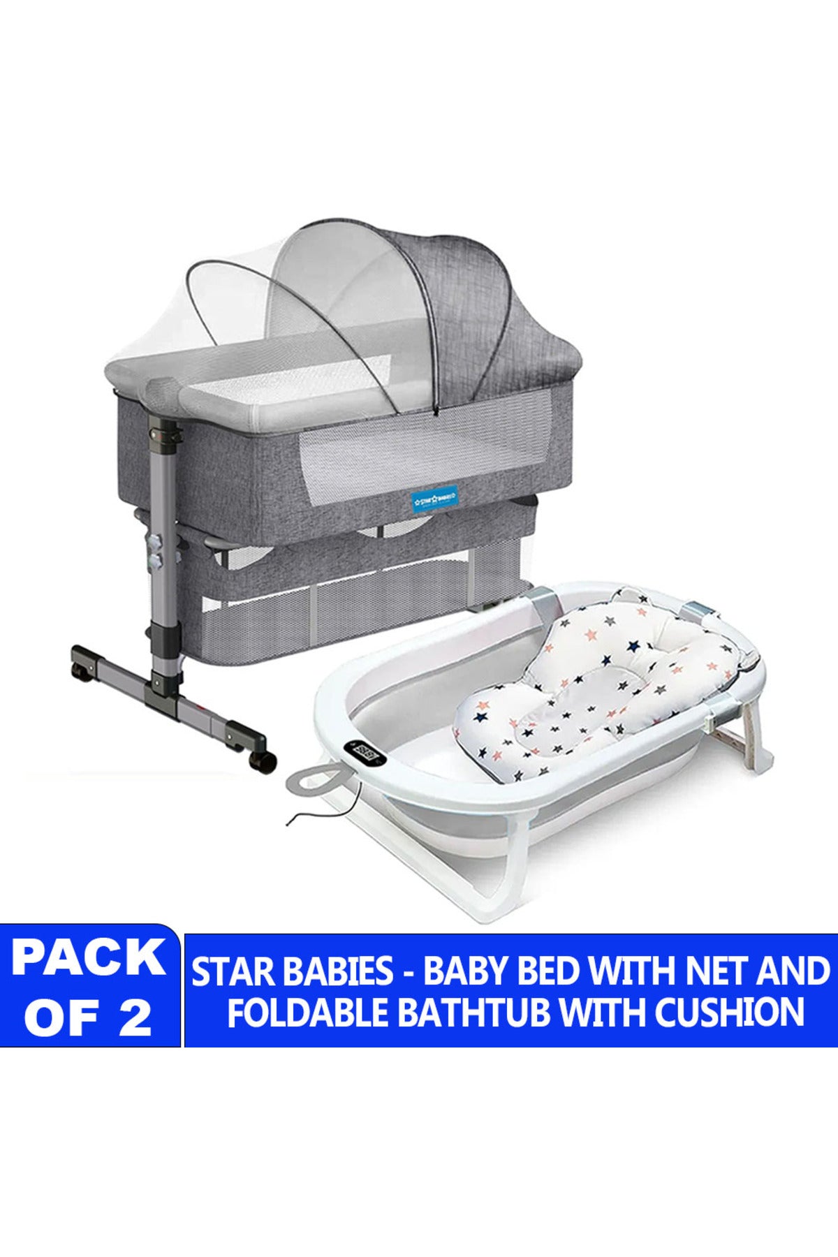 Star Babies Bedside Crib & Foldable Bathtub &Thermometer_Grey