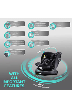 MOON Gyro Pro i-Size 360° Rotating Car Seat w/ ISOFIX for 40-150cm (Group 0+-1-2-3) 0m to 12Yr- ECE R129/E4 – Grey