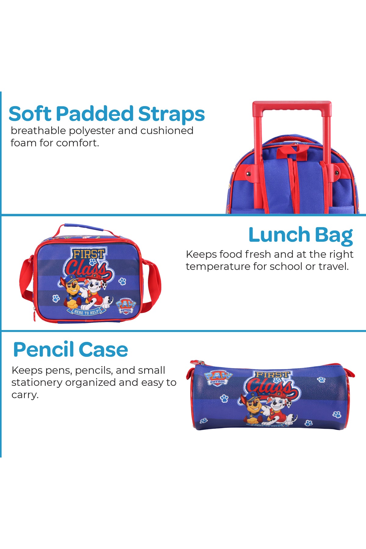 MOON Licensed Paw Patrol First Class  3 in 1 Kids Trolley Set   - (16-Inch) Premium Kids School Bag with Lunch Bag & Pencil Case-Red&Blue