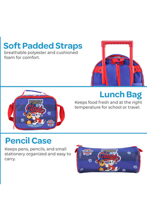 MOON Licensed Paw Patrol First Class  3 in 1 Kids Trolley Set   - (16-Inch) Premium Kids School Bag with Lunch Bag & Pencil Case-Red&Blue