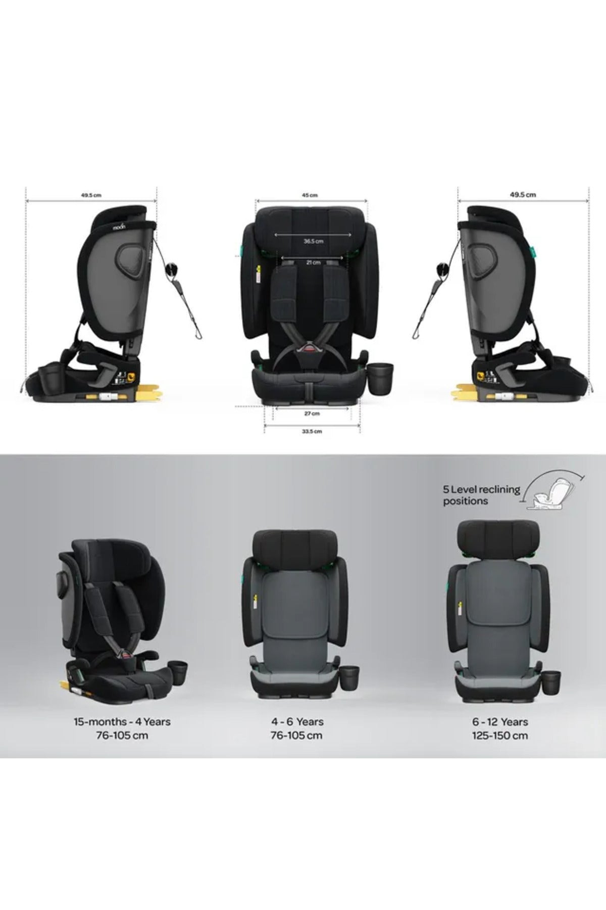 MOON Folda Max ECE R129 i-Size Foldable Car Seat with ISOFIX & Top Tether - Black