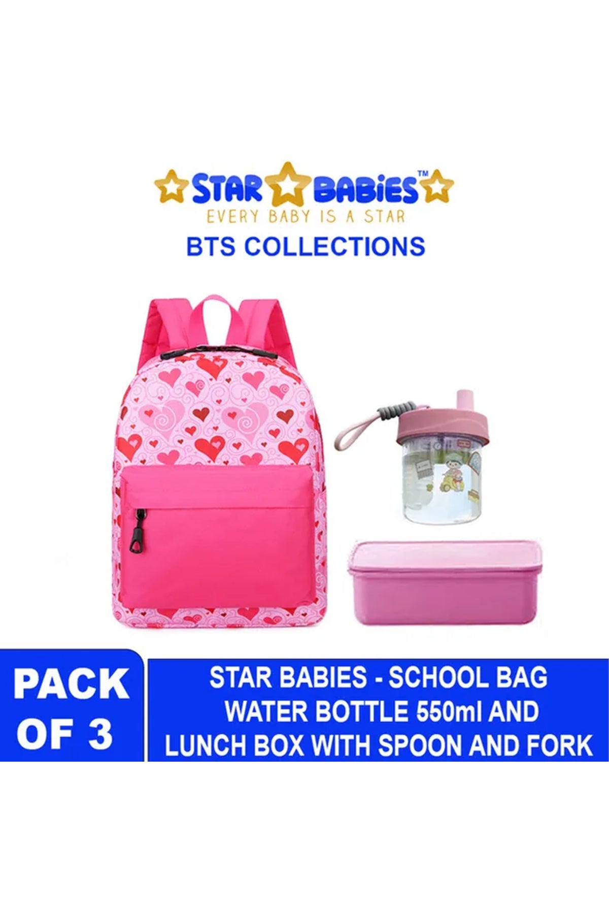 Star Babies - School Backpack With Eco Friendly - BPA Free Lunch Box, Water Bottle 550ml - Pink