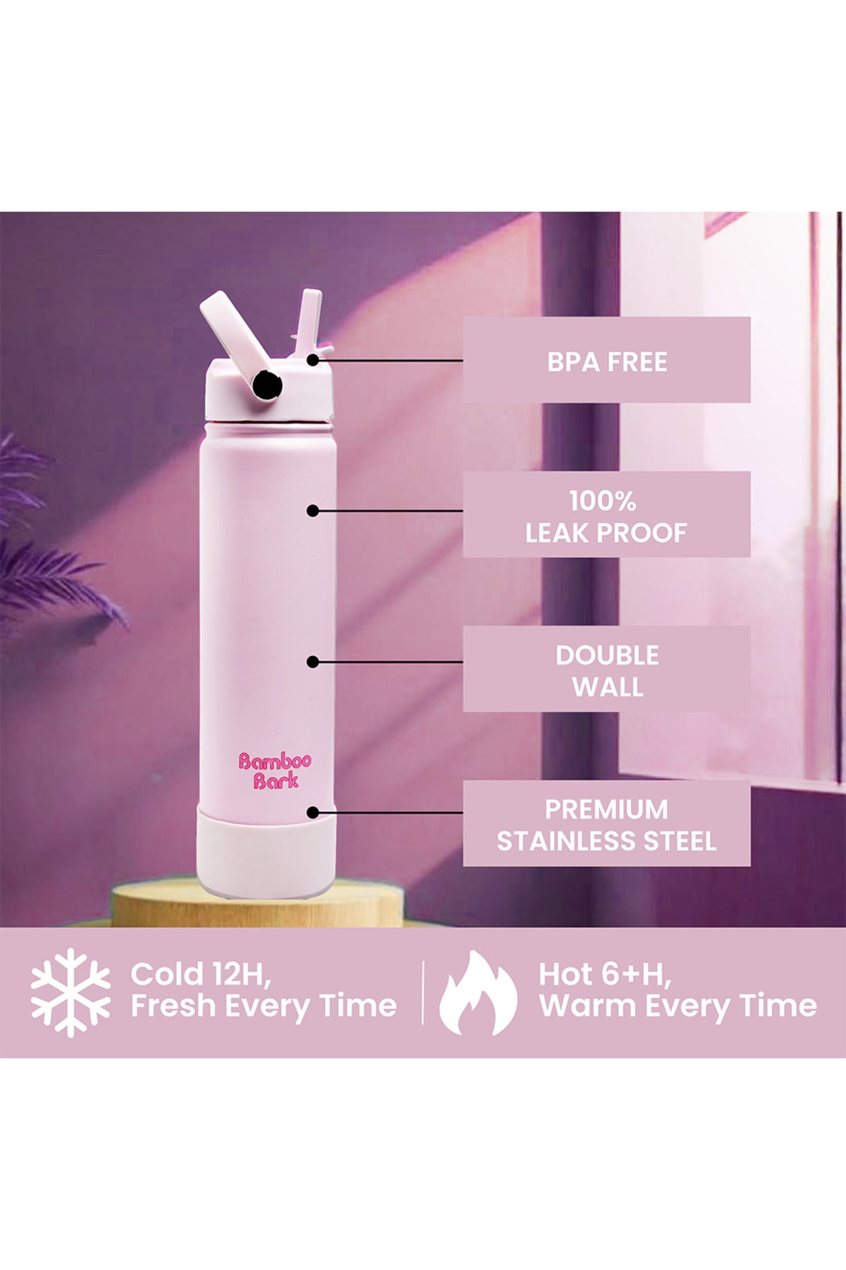 Bamboo Bark 750 ML Insulated Water Bottle with Sipper Lid – Stainless Steel Double Wall Vacuum Flask for Hot & Cold Water Leak-Proof, Reusable Sports Thermos Bottle - (Blush Pink)