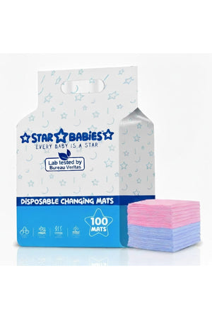 Star Babies -Premium Disposable Changing Mats (Pack of 100) “ 50pcs (33x45cm) & 50pcs (45x60cm) “ Ultra-Absorbent Leak-Proof diaper Underpads for Babies, Toddlers, and Travel “ Blue