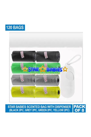 Star Babies - Scented Nappy Bag 8 Packs/120 Bags & Dispenser - Black/Grey/Green/Yellow
