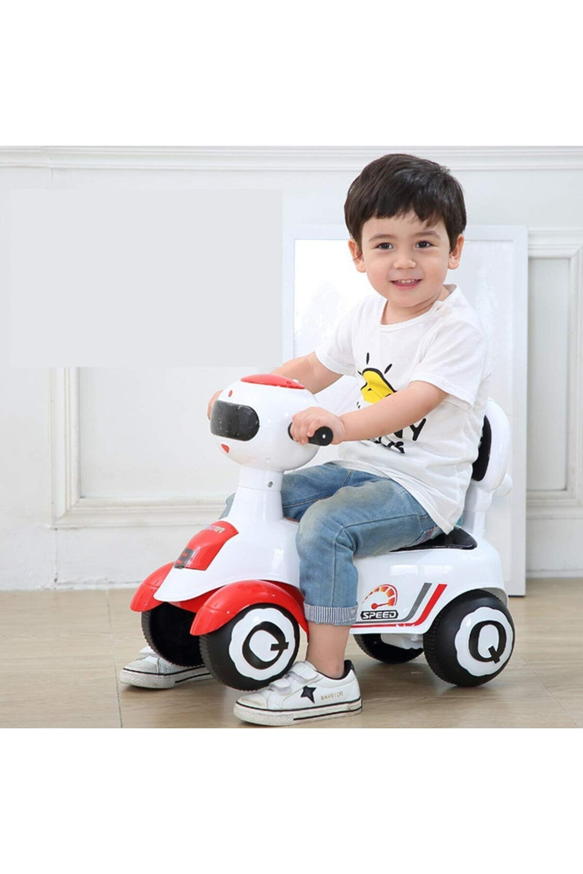 StarMarz Robot Ride-On Push Car – Foot-to-Floor Baby Ride-On with LED Front Panel, Backrest & Smooth Wheels – Indoor/Outdoor Toddler Scooter Bike (1–4 Years) – White & Red