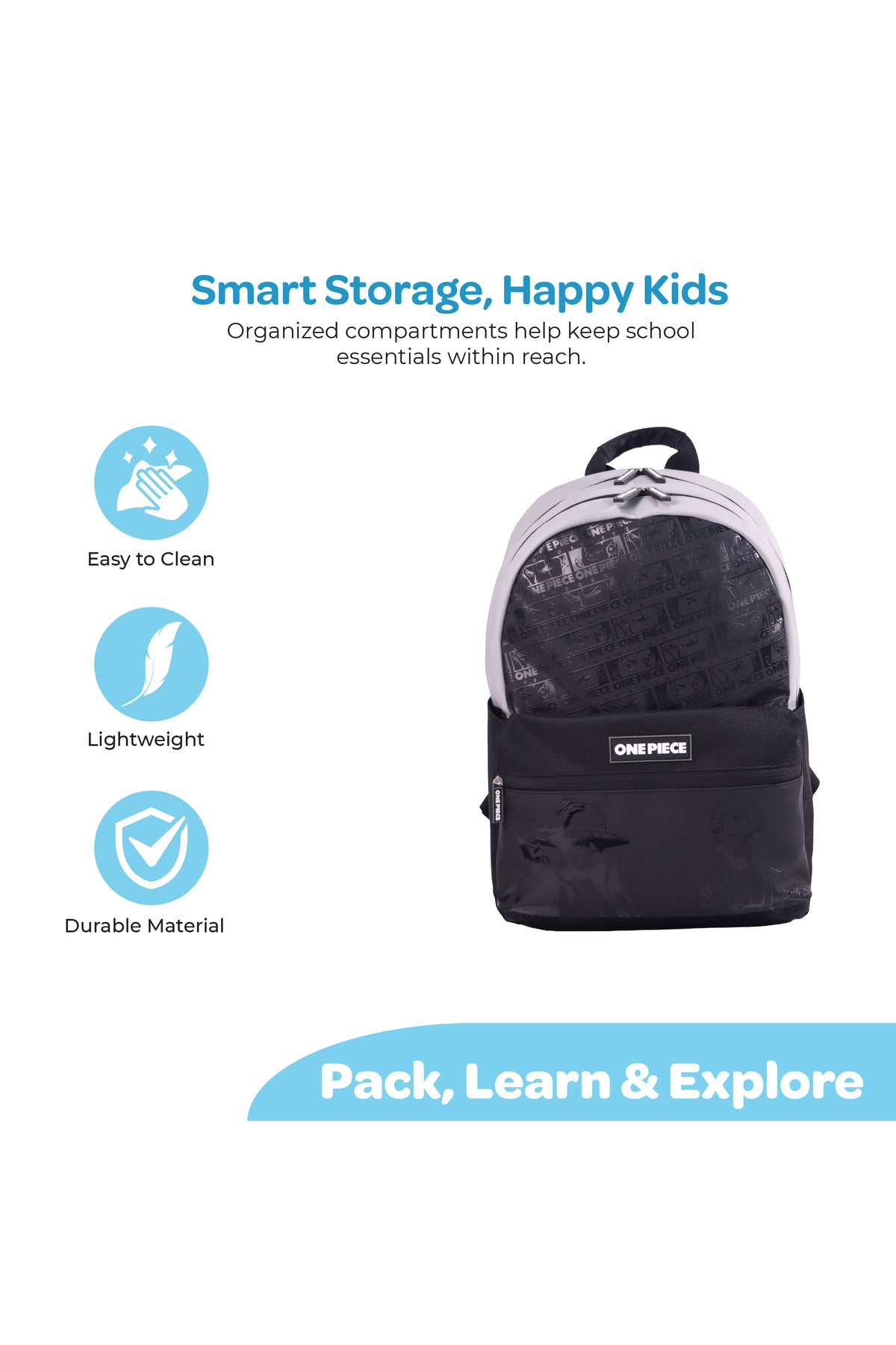 MOON Licensed One Piece 3-in-1 Kids School Backpack set    - (17-Inch) Premium Kids School Bag with Lunch Bag & Pencil Case-Black&Grey