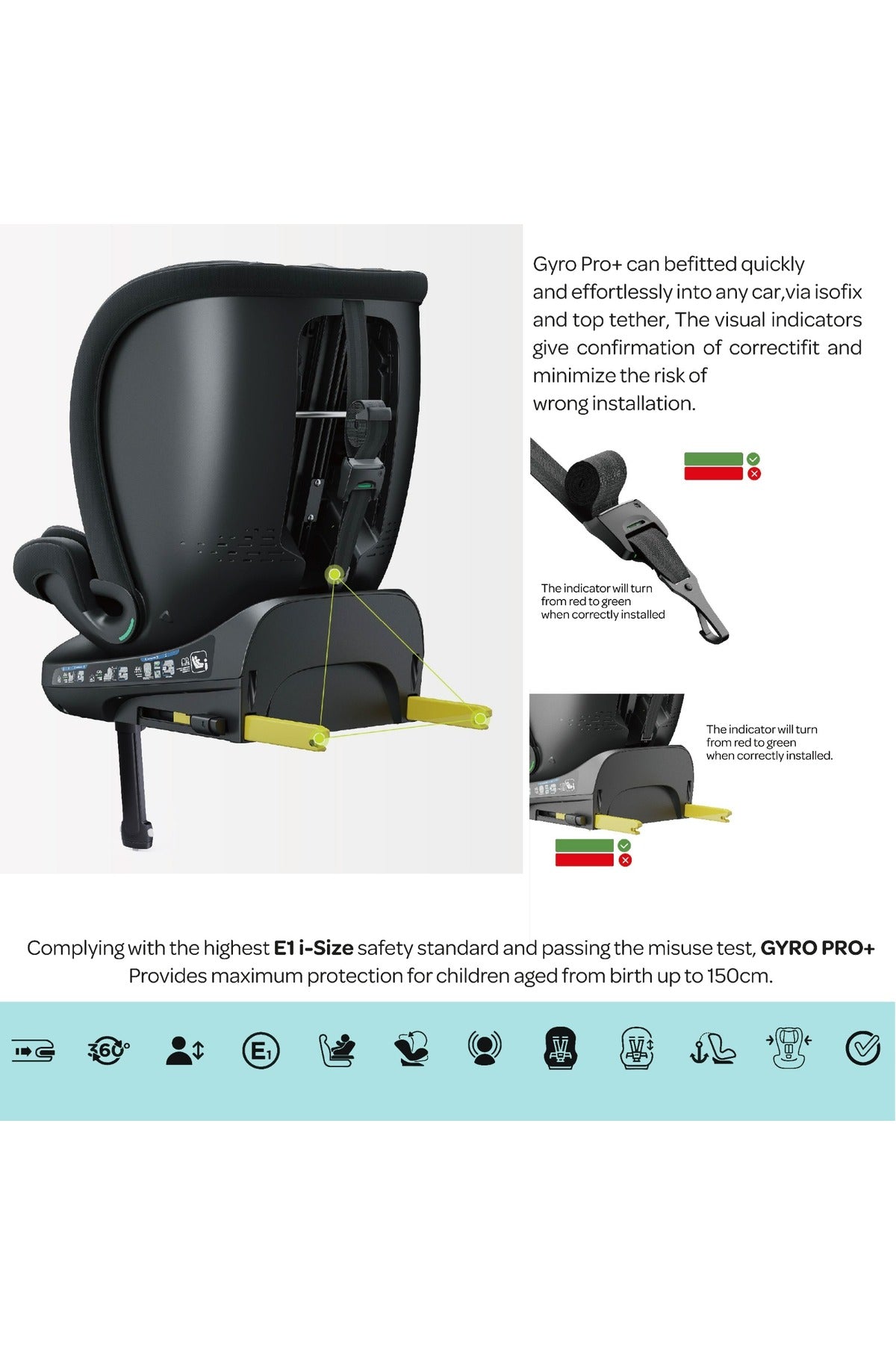 MOON Gyro Pro+ i-Size 360° Rotating Car Seat w/ leg Support and ISOFIX for 40-150cm (Group 0+-1-2-3) 0m to 12Yr- ECE R129/E4 – Grey