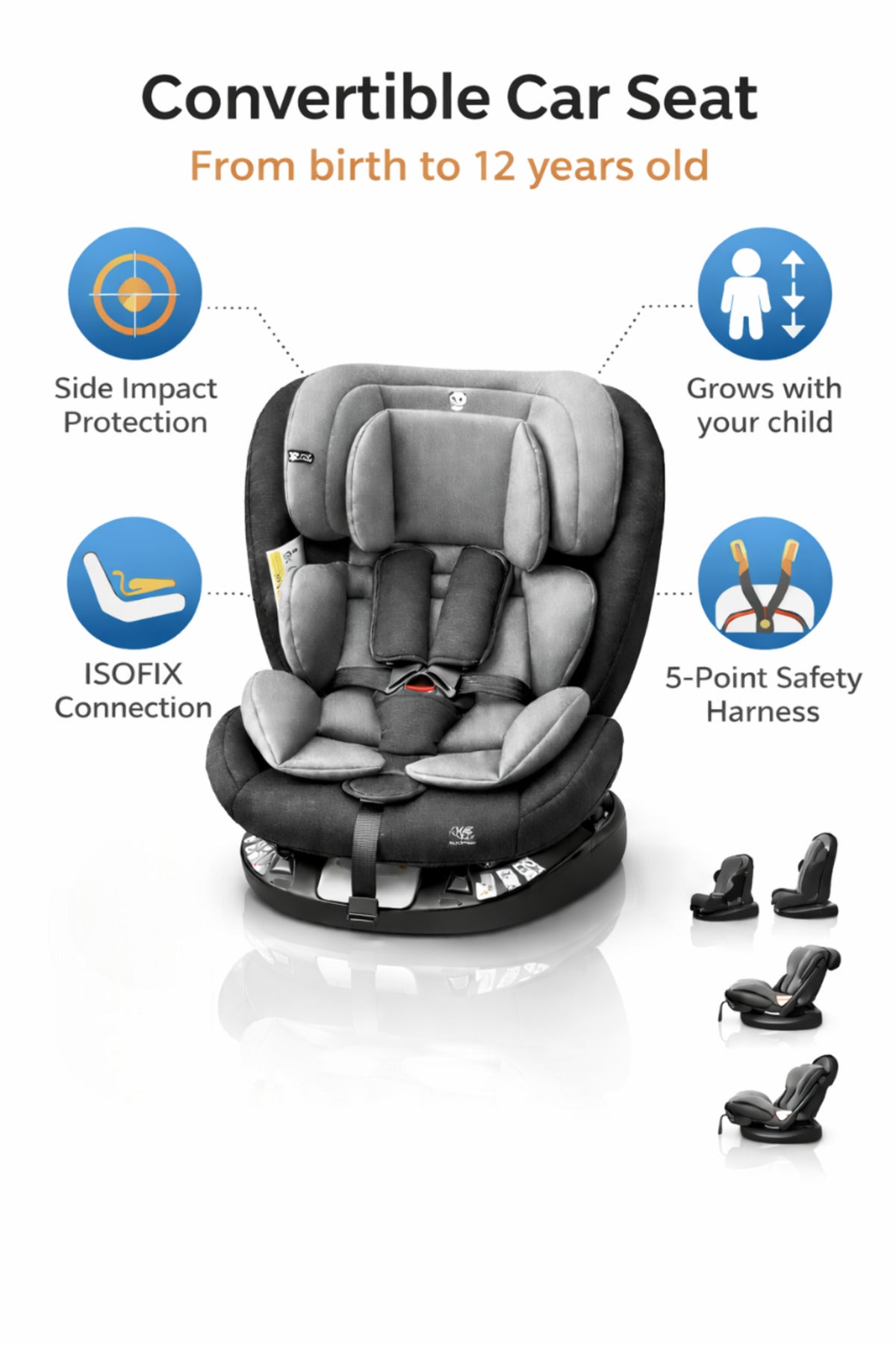 Kikibebe Children’S Car Seat With 360 Degree Roations, Ages 0-12 Years – Black & Grey