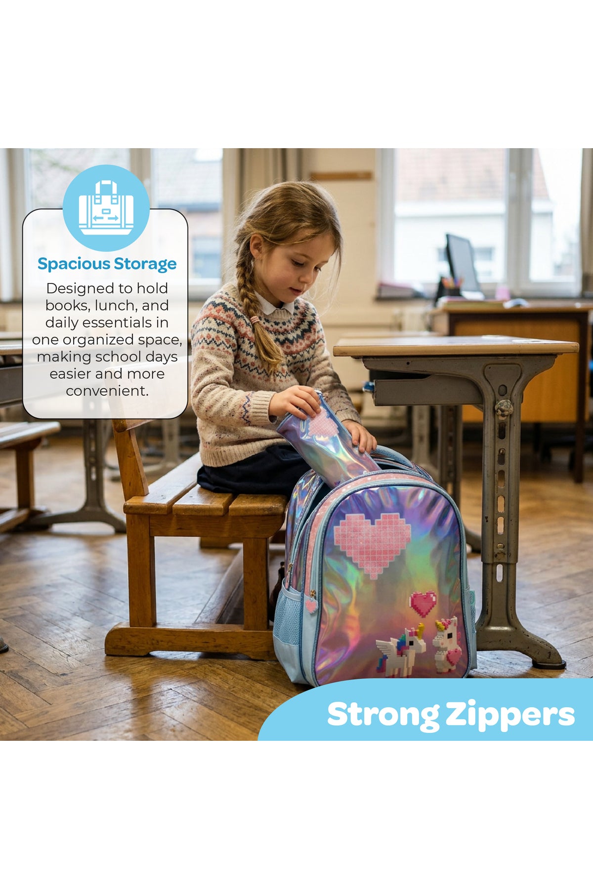 MOON Unicorn Backpack Set for Girls 3 in 1 – 16 Inch Premium Kids School Bag with Lunch Bag & Pencil Case-Pink &Blue