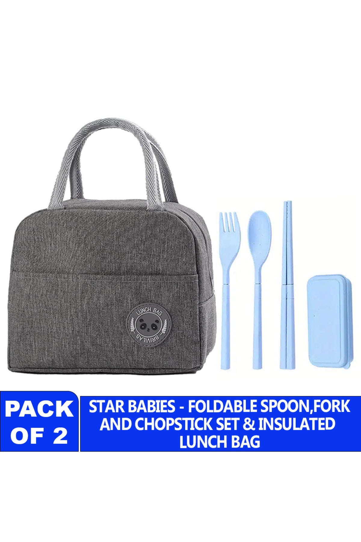 Star Babies Insulated Mini Lunch Bag with Foldable Fork- Spoon Set Grey