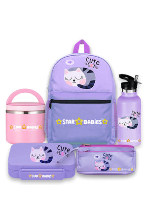 Star Babies 16-Inch cute Cat Themed Children's Backpack with  5 compartment Bento lunch box , water bottle and Dual Zipper Pencil Case with Food jar