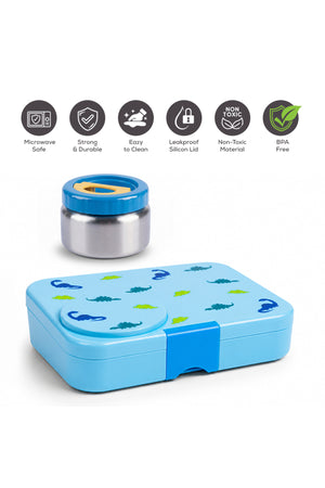 Cocobee Dino Bento Lunch Box With Food Jar, 4 Compartments, Leakproof & Odour-Free, Bpa-Free, 1.67L, Microwave Safe – Blue (3 Years+)