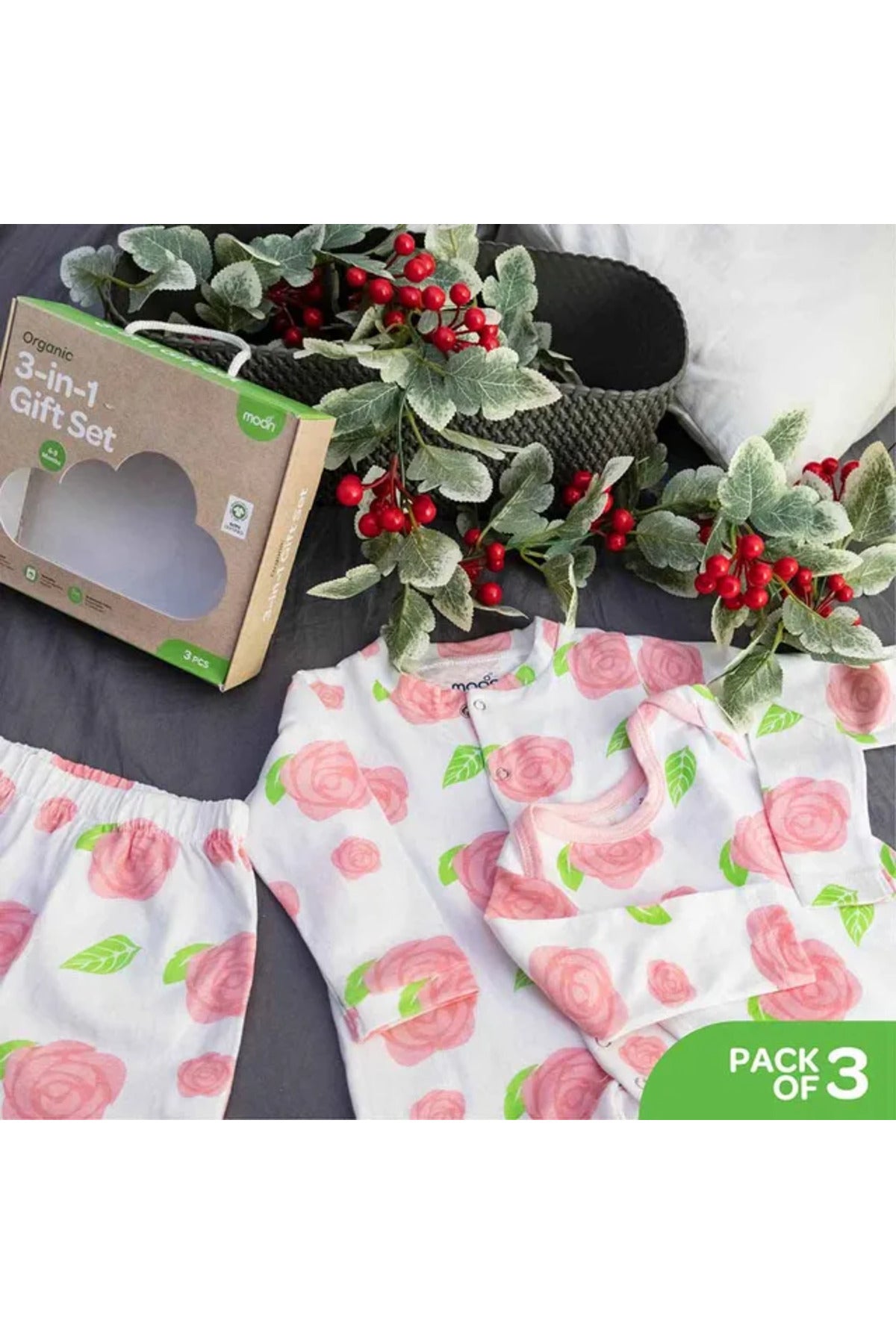 MOON Organic Baby 3 in 1 Gift Set- Romper-Body Suit-Jogger for 12-18 Months - Rose Print