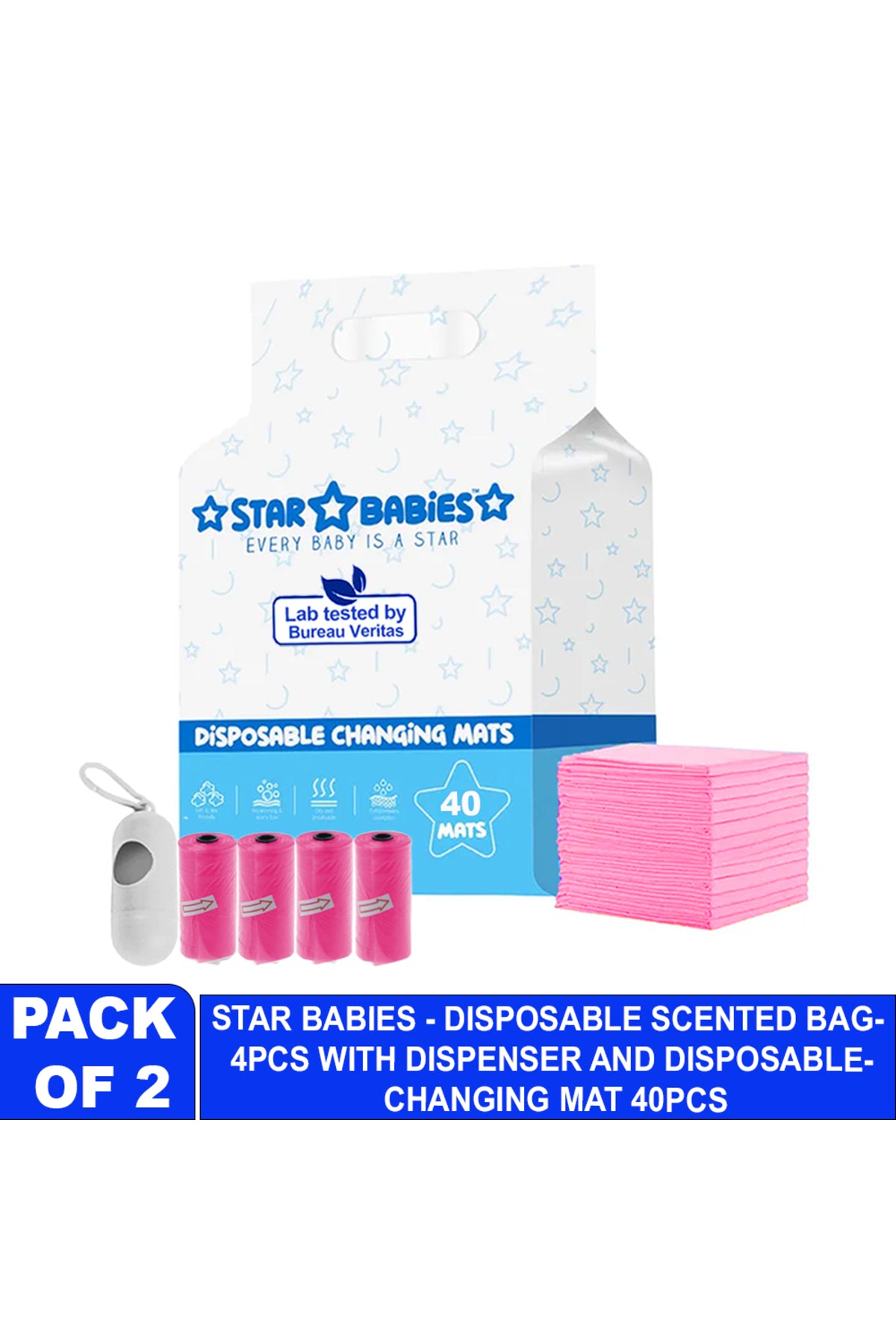 Star Babies - Disposable Changing Mat 40 Pcs With Disposable Scented Nappy Bag 60 Pcs - Pink