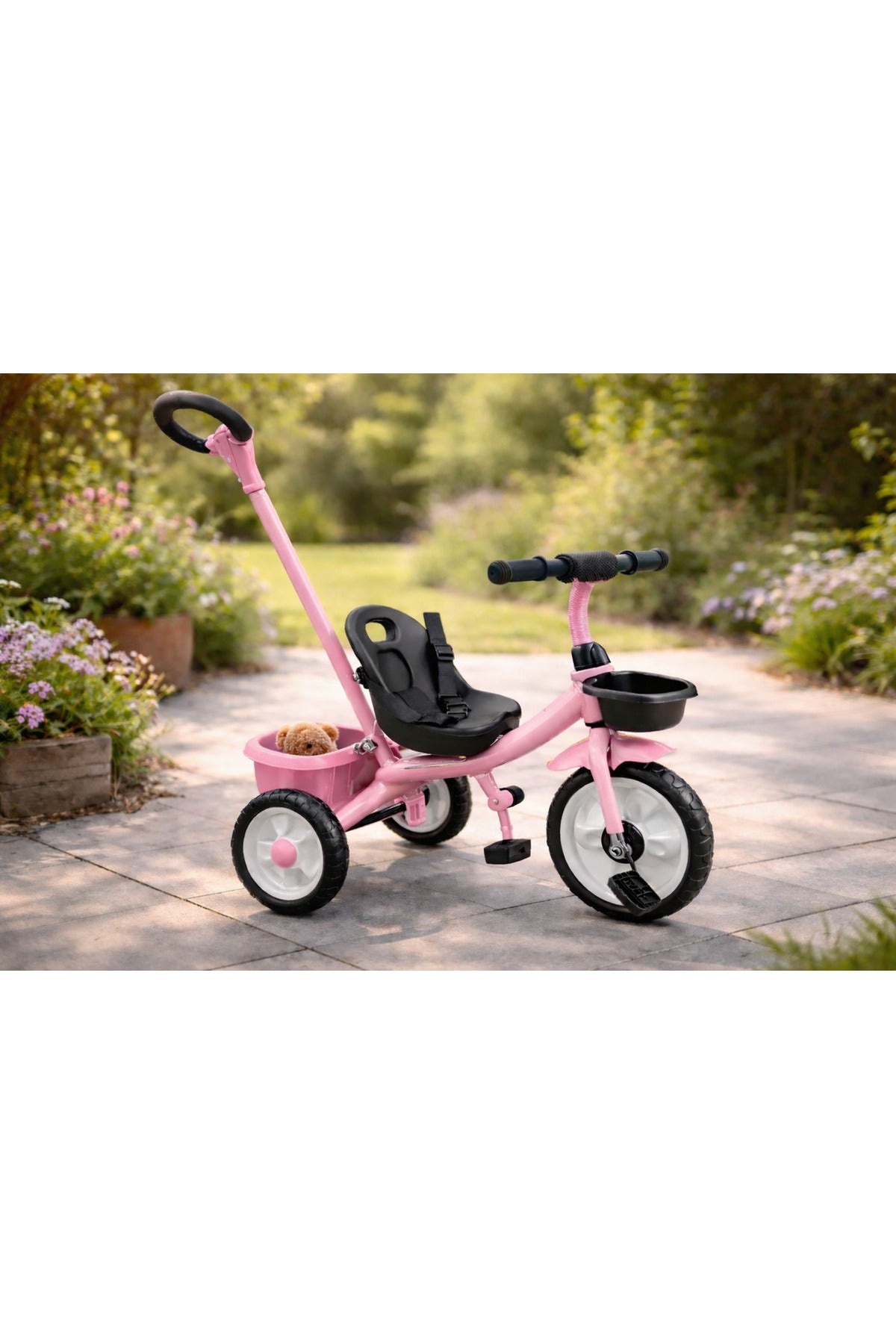 StarMarz Kids Tricycle with Push Handle | Toddler Ride-On Bike with Safety Seat, Backrest & Storage Basket | Baby Trike for Boys & Girls (1–4 Years) - Pink