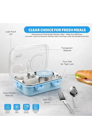 Star Babies Food Grade 304 Stainless Steel Bento Lunch Box with 4 Compartments and Leak-Proof Lid - Blue