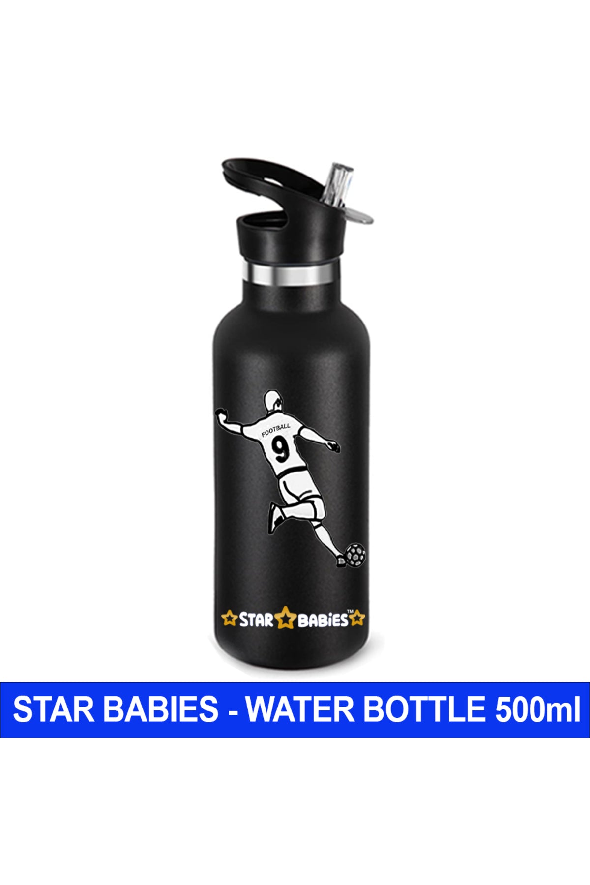 Star Babies Football Theme Anti Spil Stainless Steel 500ml Water Bottles, Vacuum Insulated Double Wall Travel Bottle with Leak-Proof hot and cold with a special Straw 3 to 6 Years-  Black