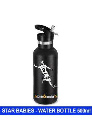Star Babies Football Theme Anti Spil Stainless Steel 500ml Water Bottles, Vacuum Insulated Double Wall Travel Bottle with Leak-Proof hot and cold with a special Straw 3 to 6 Years-  Black