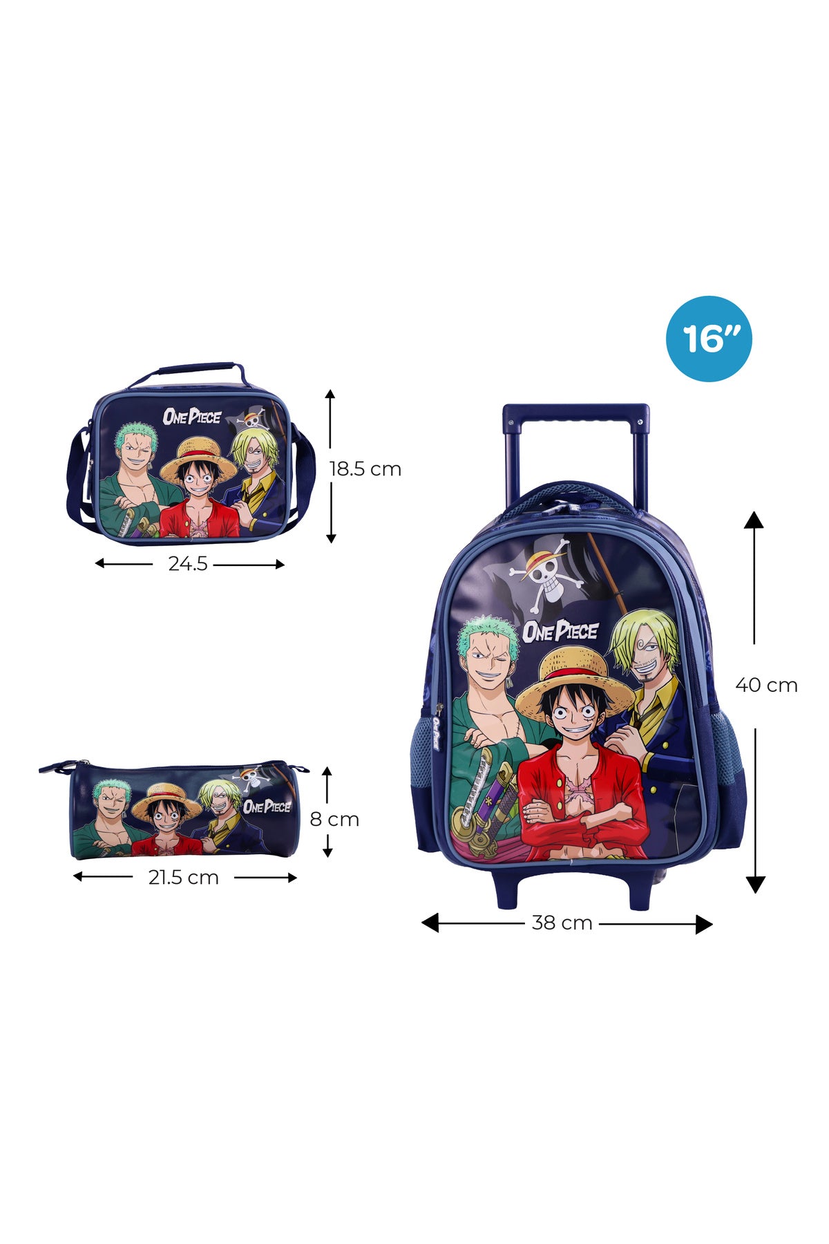 MOON Licensed One Piece3 in 1 Kids Trolley Set   - (16-Inch) Premium Kids School Bag with Lunch Bag & Pencil Case-Blue