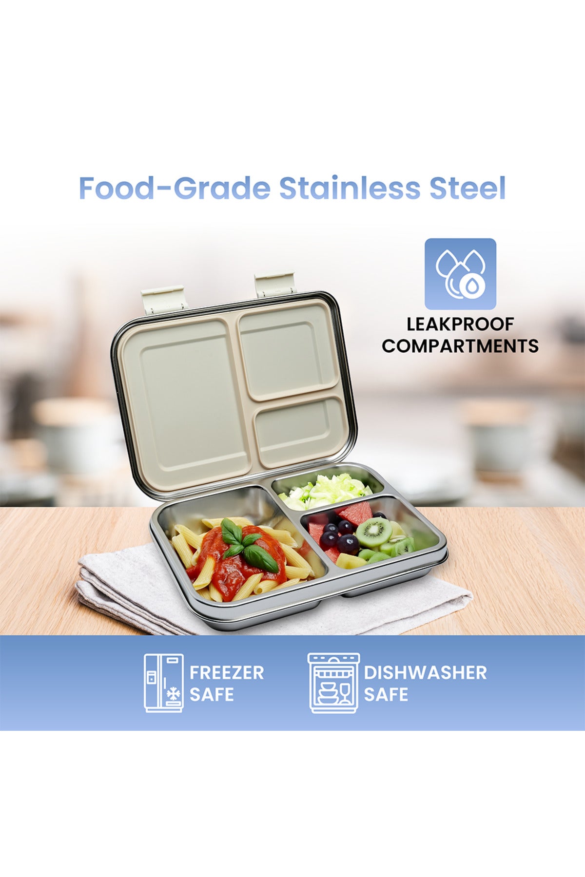 Bamboo Bark Stainless Steel Bento Lunch Box with Lid, 1030ml Leakproof Metal Stackable Snack Box, and 3 Multi-Compartment Divided Meal Prep Food Storage Containers for School, Travel and Work – (Butterfly Print)