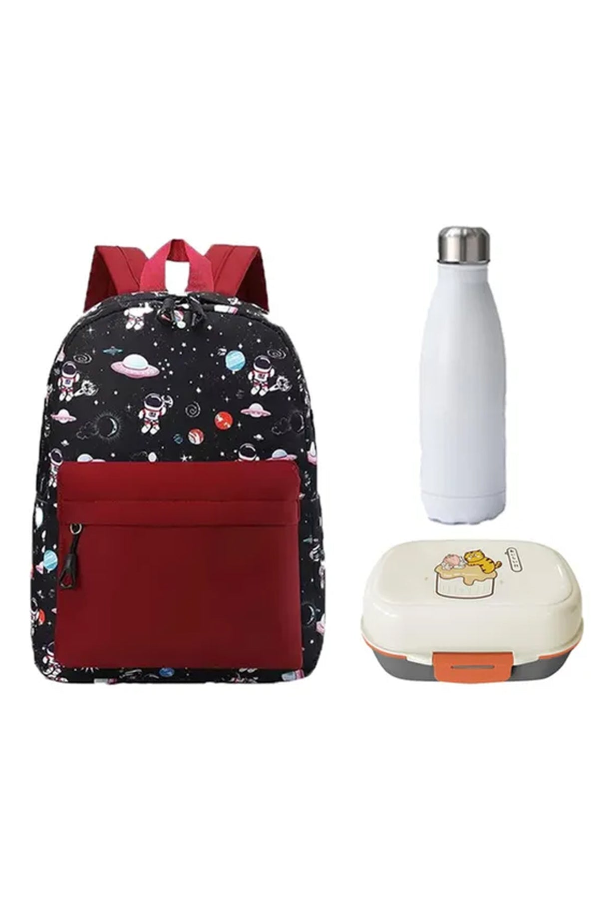 Star Babies - School Backpack With Eco Friendly Double Layer - BPA Free Lunch Box, Stainless Steel Water Bottle 500ml - Red