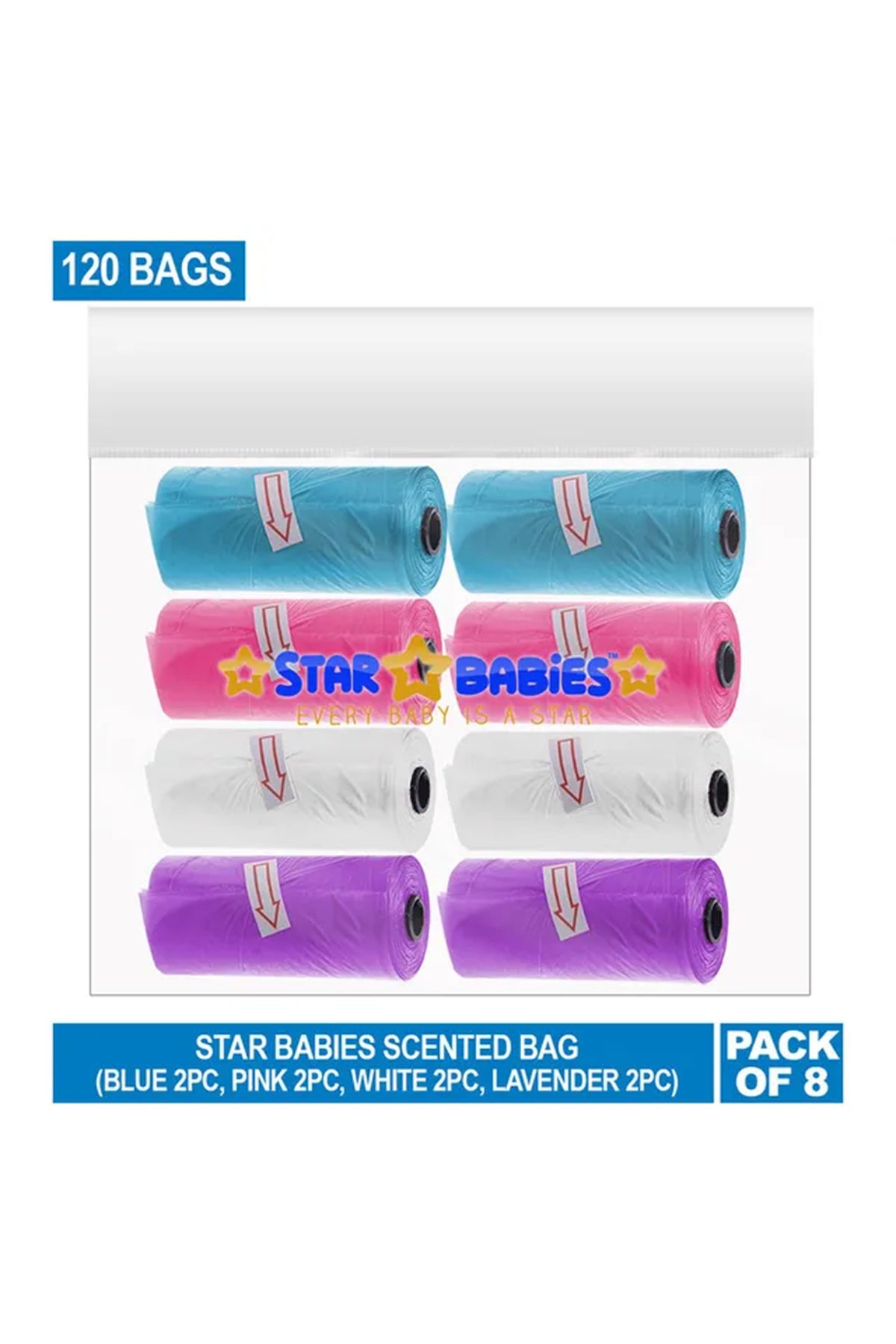 Star Babies - Scented Nappy Bag 8 Packs/120 Bags & Dispenser -Blue/Pink/White/Lavender