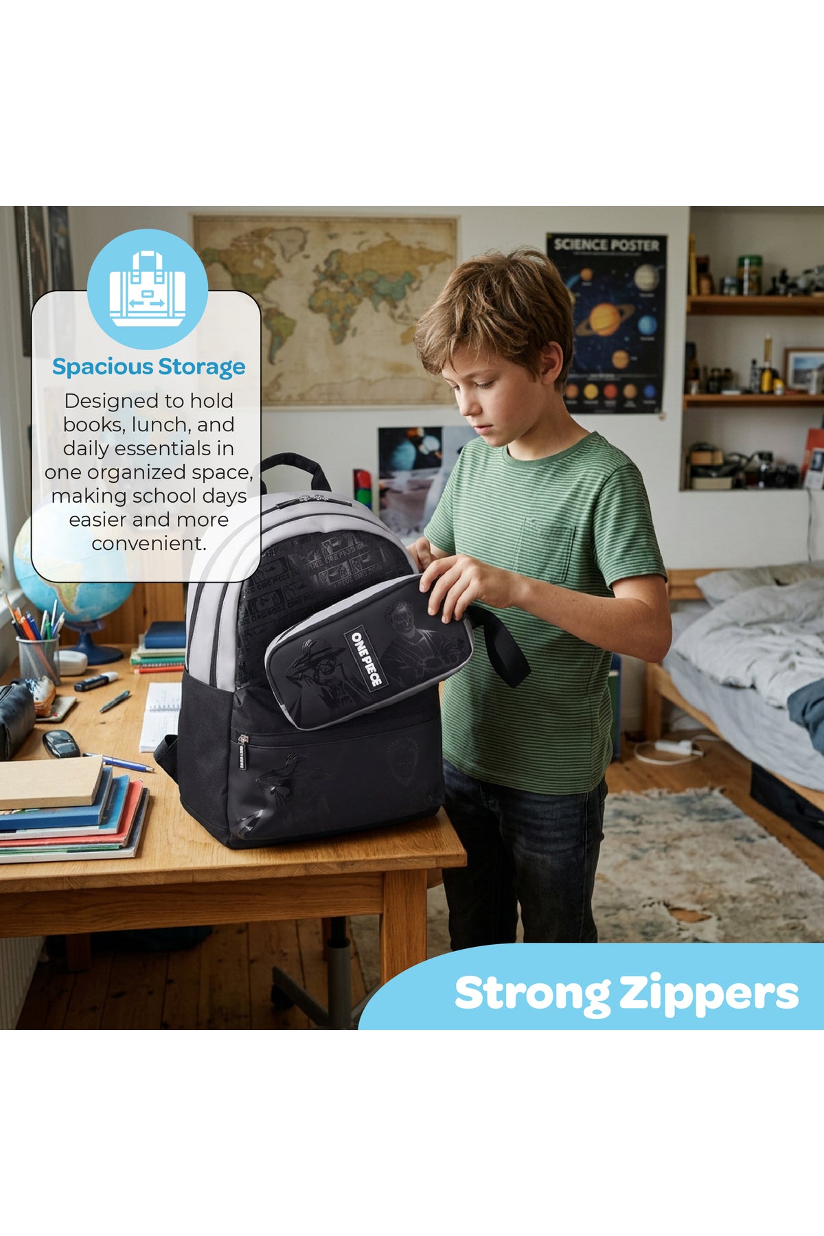 MOON Licensed One Piece 3-in-1 Kids School Backpack set    - (17-Inch) Premium Kids School Bag with Lunch Bag & Pencil Case-Black&Grey