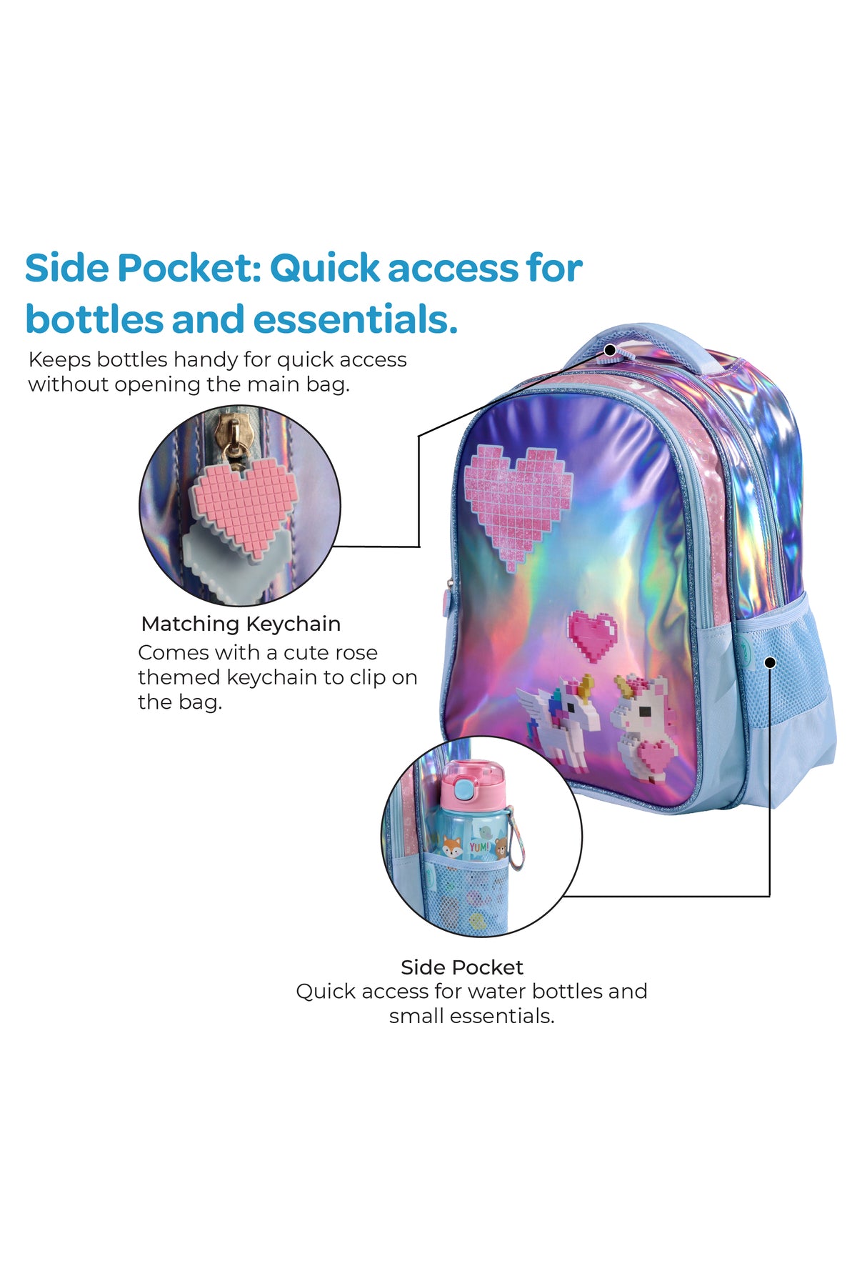 MOON Unicorn Backpack Set for Girls 3 in 1 – 16 Inch Premium Kids School Bag with Lunch Bag & Pencil Case-Pink &Blue