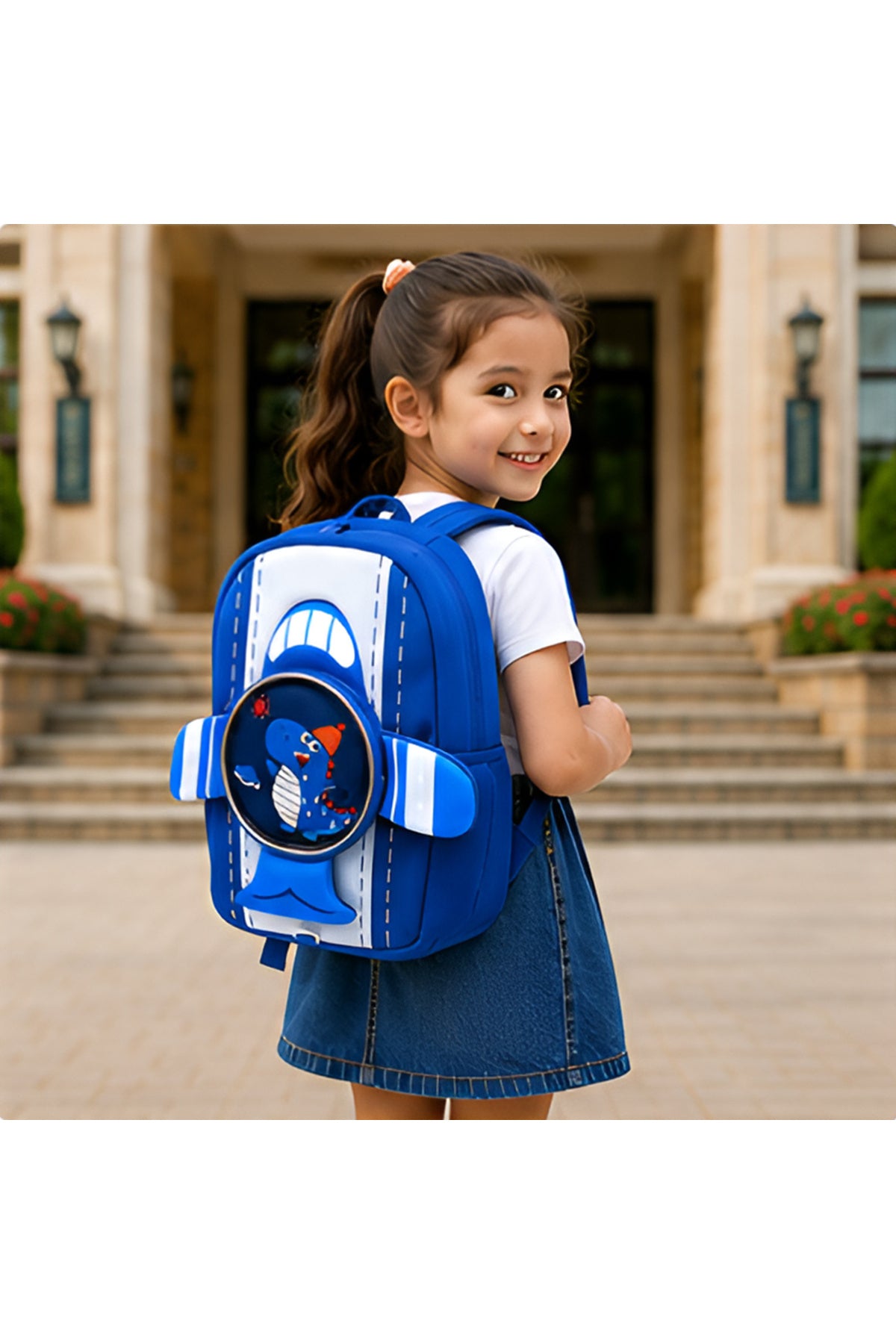 Cocobee – Aeroplane Style Dinosaur Printed Backpack For Boys – Blue- 16.5 inch