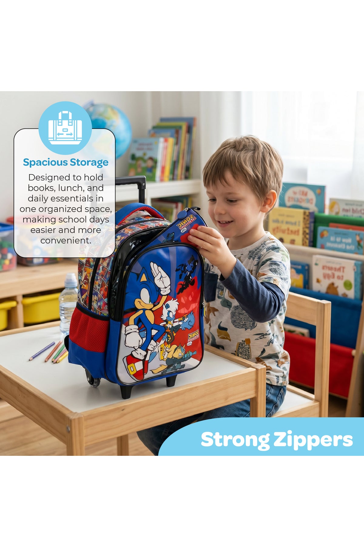 MOON Licensed  SONIC  the Hedgehog  3 in 1 Kids Trolley Set   - (16-Inch) Premium Kids School Bag with Lunch Bag & Pencil Case-Red&Blue