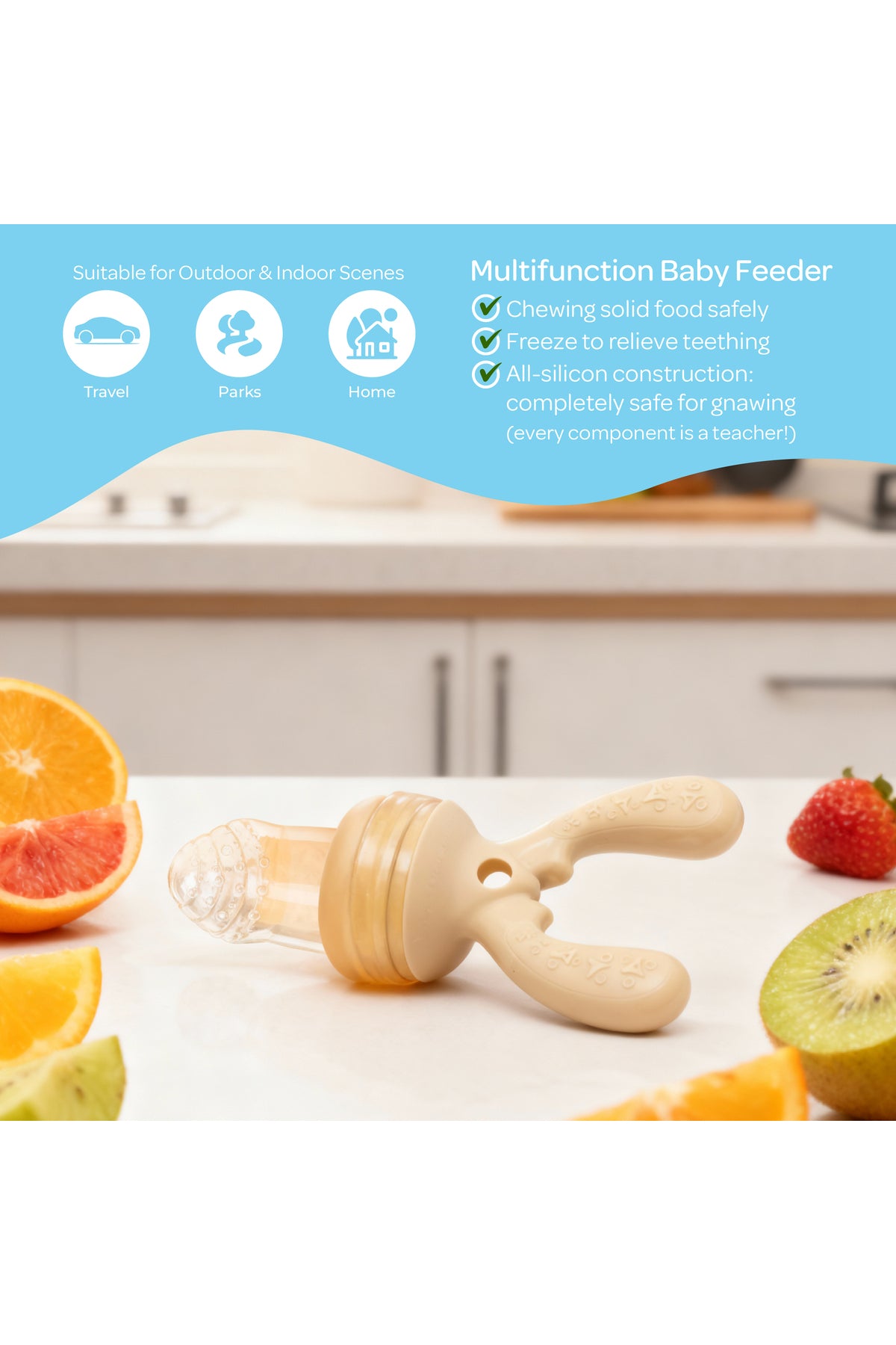 Moon  Baby Fruit Feeder Teether | Silicone Pacifier for Infants & Toddlers | BPA-Free Snack Holder,Chewing Trainer- Beige