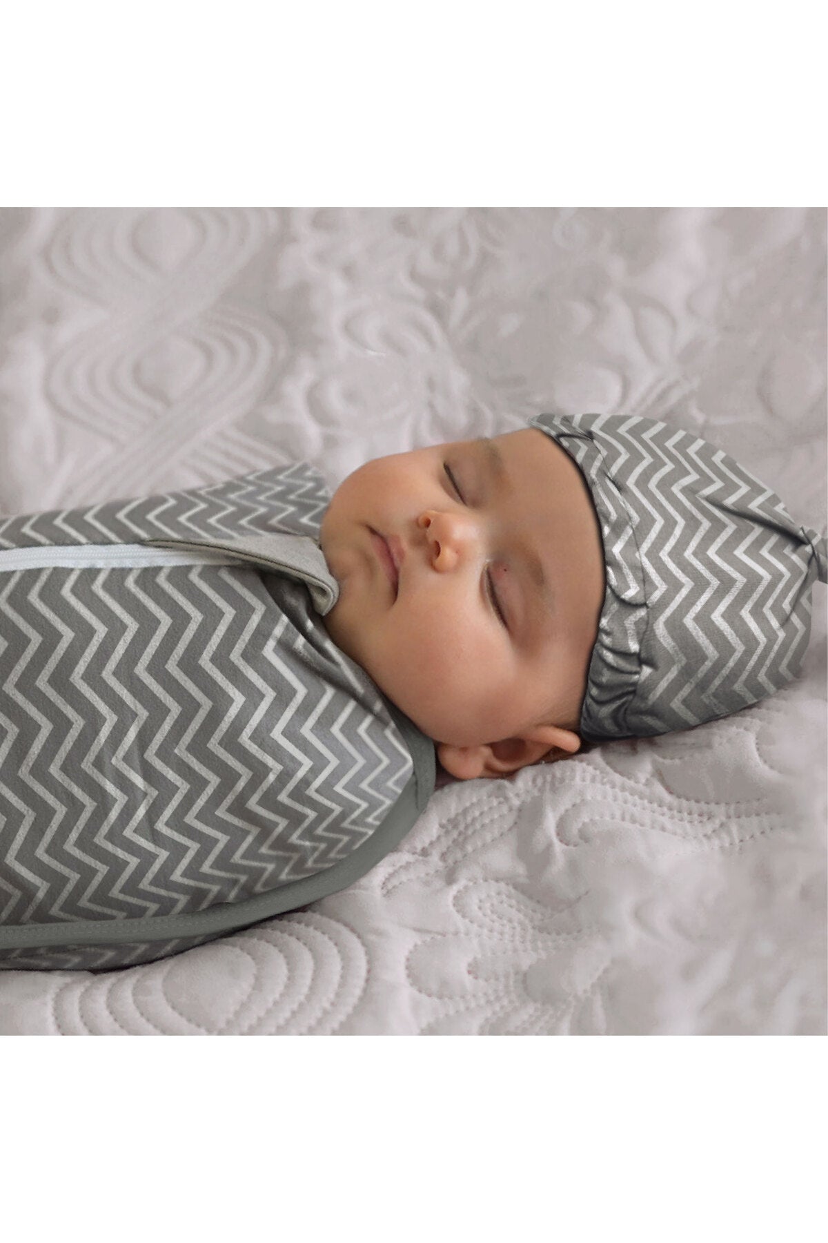 MOON Swaddle Pods with Beanie - Pack of 2, Front Two-Way Zippered-Grey and Stripes Print
