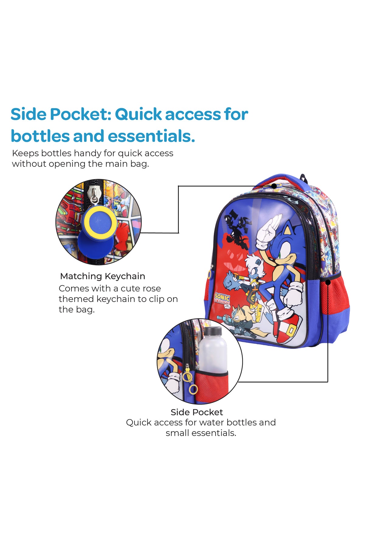MOON Licensed SONIC THE HEDGEHOG 3 in 1 kids Backpack Set -- (16-Inch) Premium Kids School Bag with Lunch Bag & Pencil Case- Red&Blue
